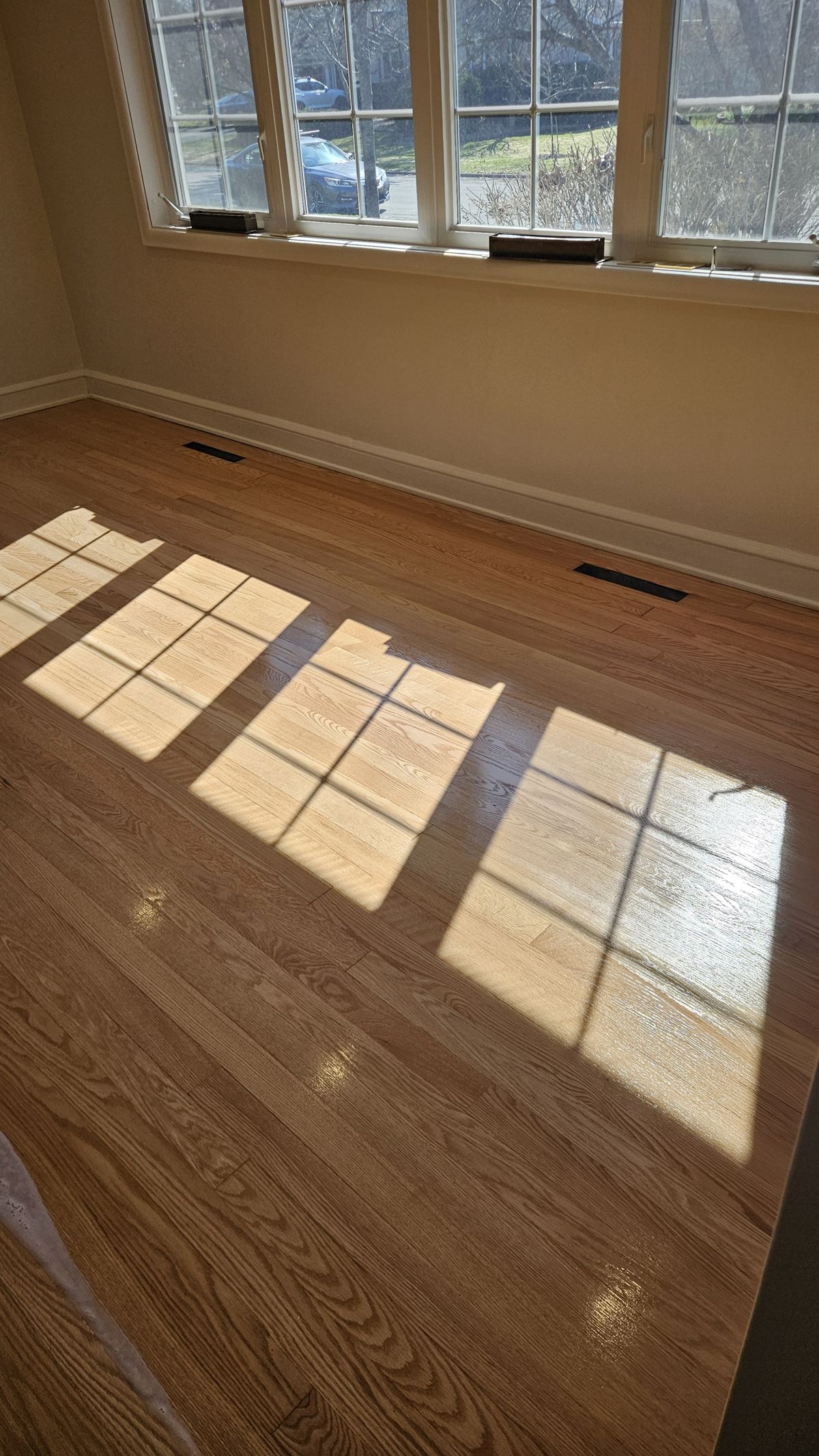 Freshly finished hardwood floor in an Ottawa home, the clear water-based coating showing the wood's natural colour